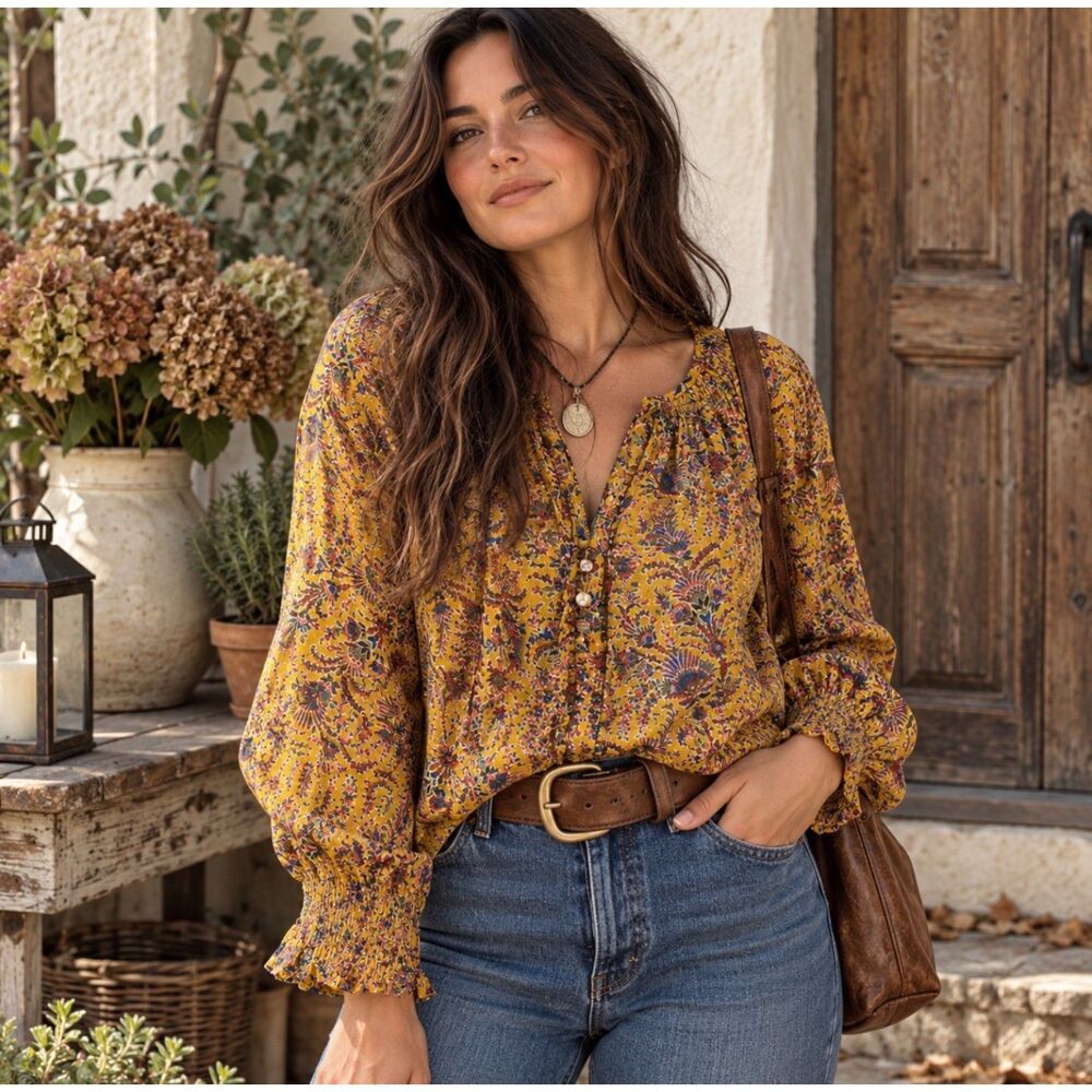veronica beard amato floral silk  peasant blouse mustard yellow size medium 10
